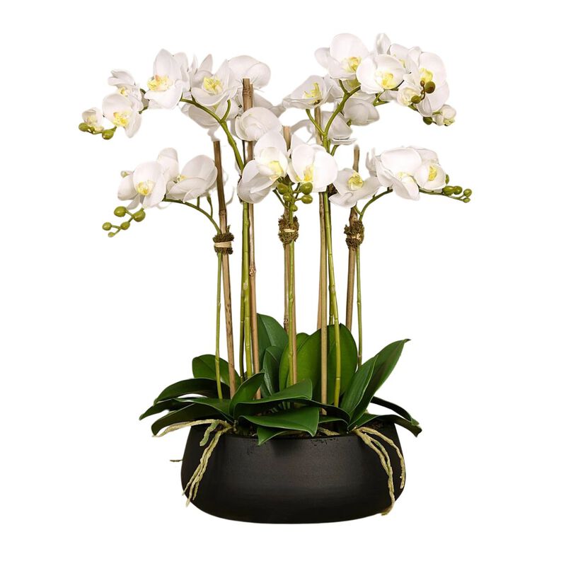 Faux floral arrangement - white orchid centerpiece in black vase
