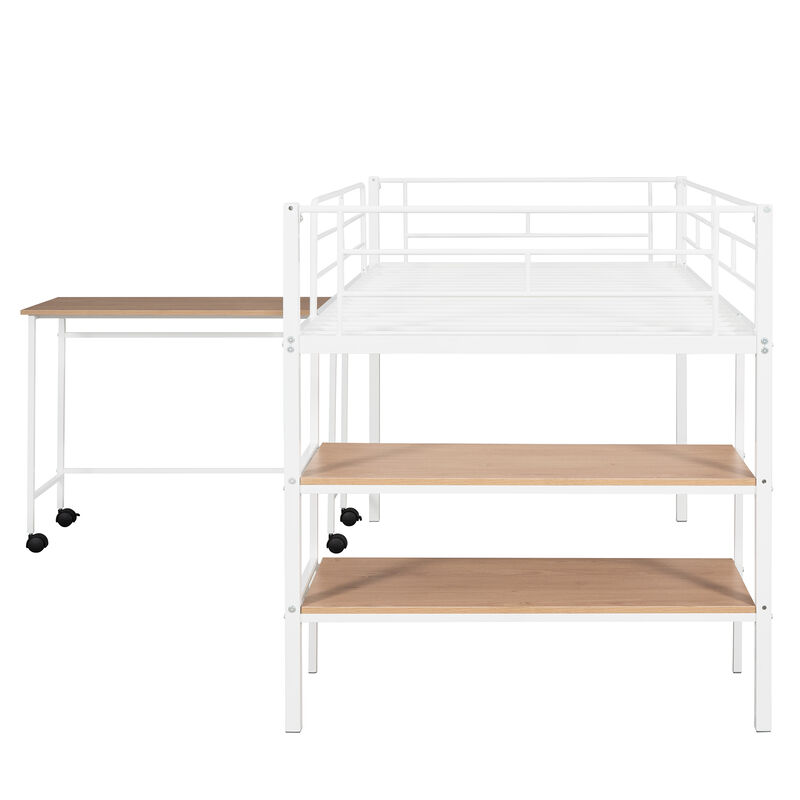 Merax Metal Loft Bed with Movable Desk and Shelves