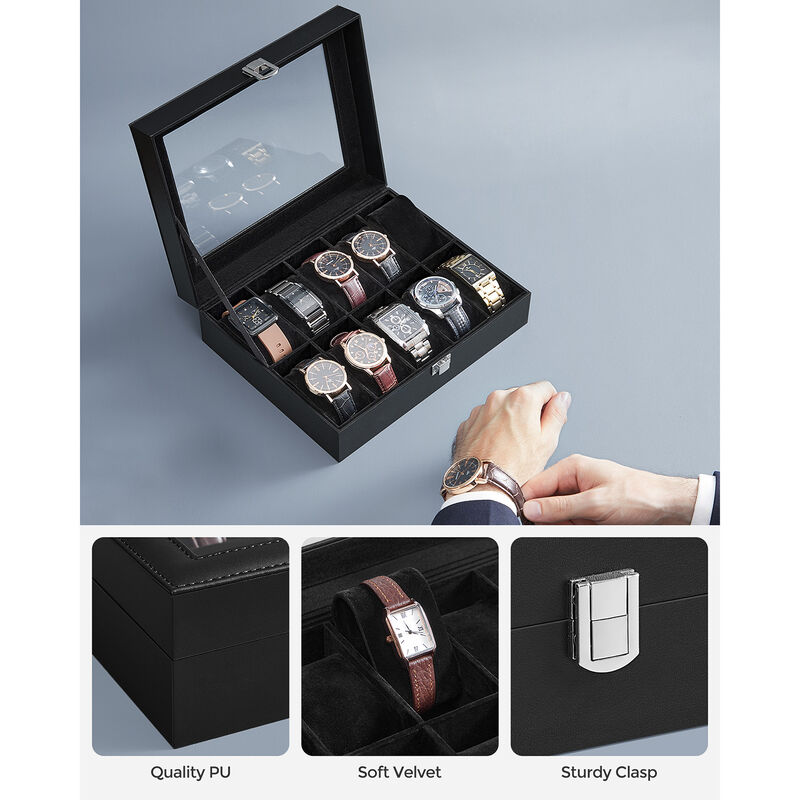 10-Slot Box with Glass Lid Jewelry Holder Case with Removable Pillow