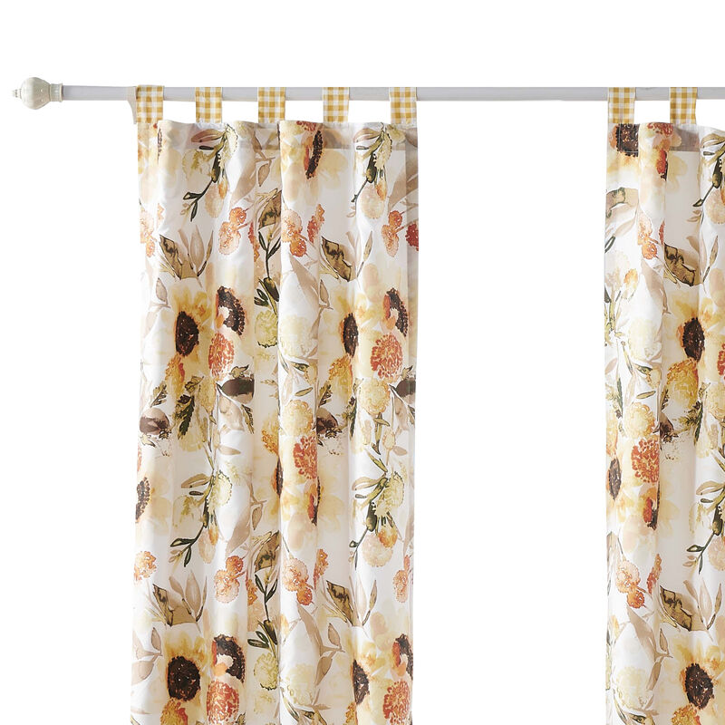 Kelsa Set of 2 Panel Curtains with Watercolor Sunflowers, Ruffled, Gold - Benzara