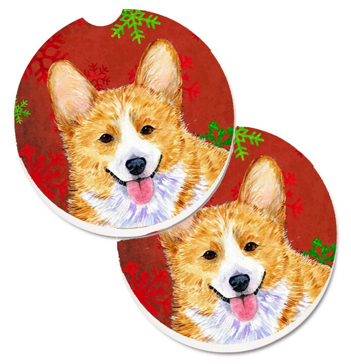Caroline's Treasures Corgi Red & green Snowflakes Holiday Christmas Set of 2 Cup Holder Car Coasters SS4693CARC, 2.56, Multicolor