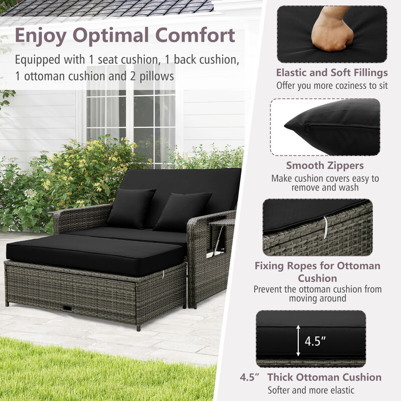 Wicker Loveseat Sofa with Multipurpose Ottoman and Retractable Side Tray