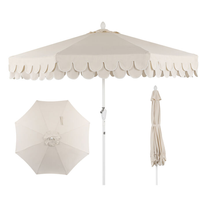 Tracy Classic MidCentury Scalloped Fringe Market Patio Umbrella with Auto-Tilt, Crank, Wind Vent and UV Protection