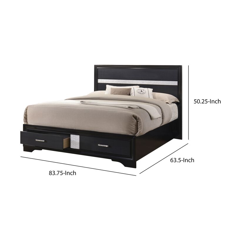 Transitional 2 Drawer Wooden Queen Size Bed with Glitter Stripe, Black-Benzara