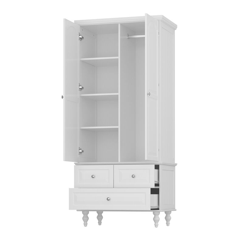 White Paint Wood 2-Door Armoires with Hanging Rod, 3-Drawers, Adjustable Shelves 70.9 in. H x 31.5 in. W x 19.7 in. D