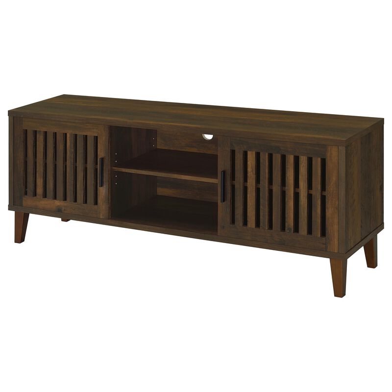 Sid TV Stand Media Cabinet, 2 Slatted Doors, Shelf, Brown Wood 60 Inch - Benzara