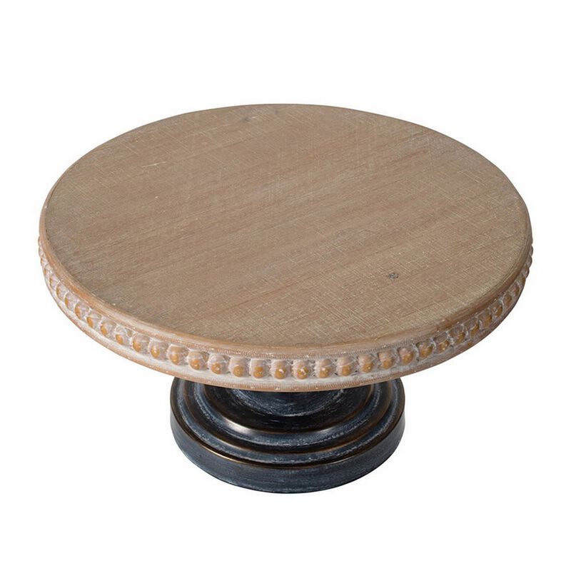 Marrie 14 Inch Round Decorative Tray, Black Iron Padestal Base, Wood Top - Benzara