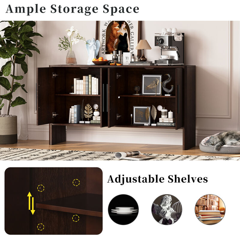 Clihome Sideboard Buffet Cabinet with Storage, Retro Sideboard Cabinet with Adjustable Shelves and Long Handles, 4-Door Wood Sideboard for Kitchen, Dining Room and Living Room (Espresso)
