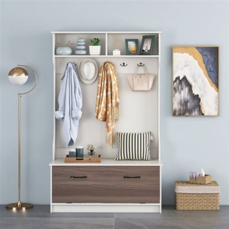 Entryway Bench Coat Rack Shoe Storage Cabinet in Wood Finish