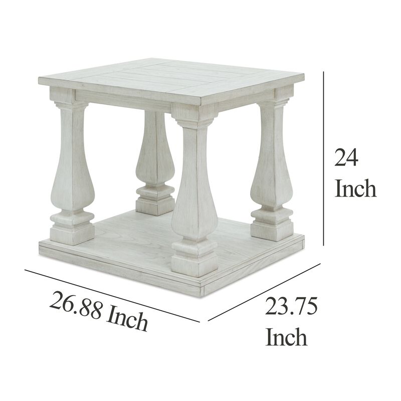 Dyne Side End Table, Plank Top, Baluster Legs, 27 Inch White Hardwood - Benzara