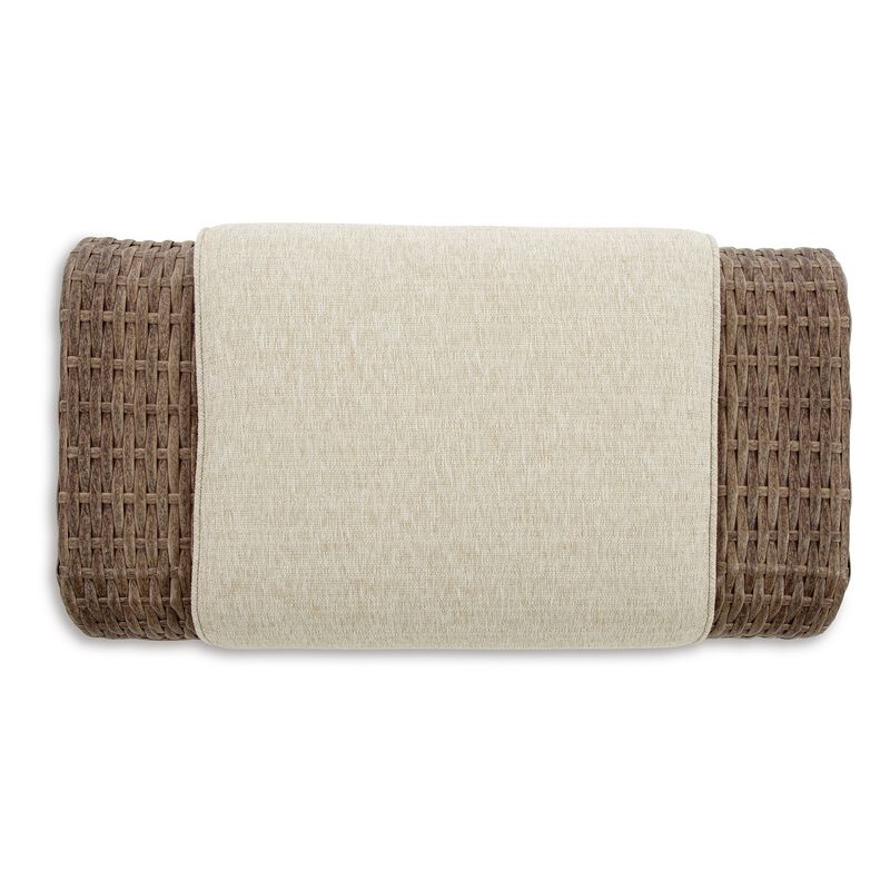 Julia 38 Inch Outdoor Ottoman with Cushion, Resin Wicker, Beige Fabric - Benzara