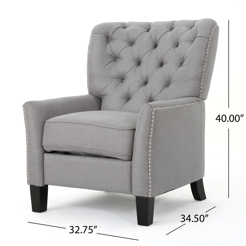 Push Back Recliner Chair, Modern Rivet Design Ergonomic, Light Gray Fabric - Benzara