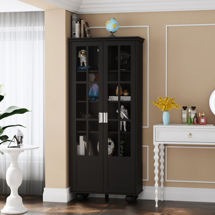 31.5 in. W, Black Wooden 2-Door Standard Bookcase, Storage Cabinet with 5 Shelves Storage and Tempered Glass Doors