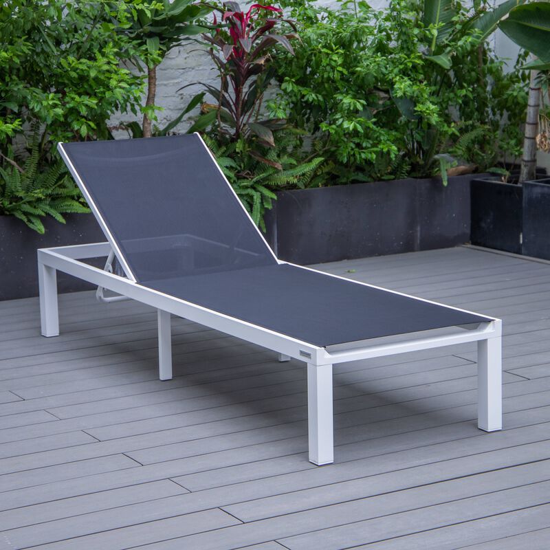 LeisureMod Marlin Modern Aluminum Outdoor Patio Chaise Lounge Chair in White Frame Set of 2 with Square Fire Pit Side Table in White