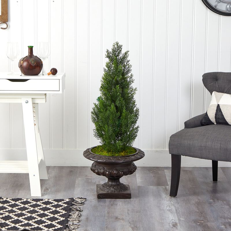 Hivvago 3.5 Feet Mini Cedar Artificial Pine Tree in Iron Colored Urn UV Resistant (Indoor/Outdoor)