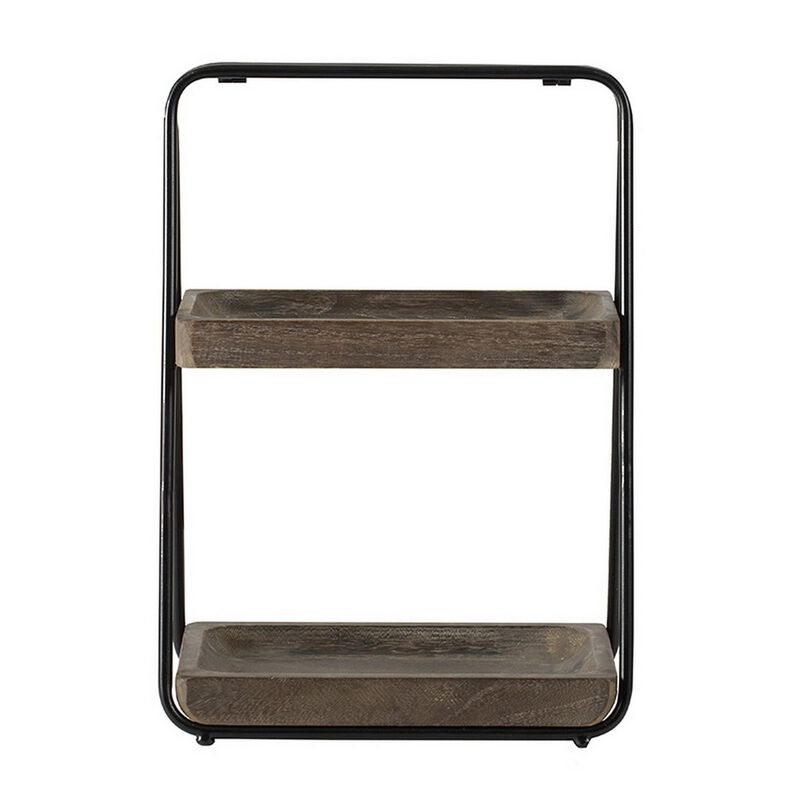 Nick 19 Inch 2 Tier Decorative Tray Stand, Black Iron Frame, Gray Wood - Benzara
