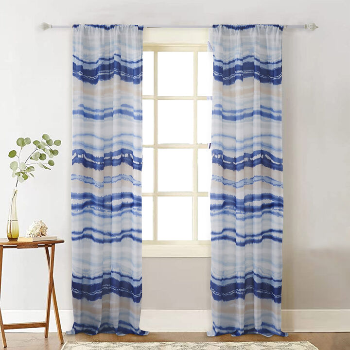 Oda 84 Inch Window Curtains, Microfiber Polyester, Blue Ocean Wave Print - Benzara