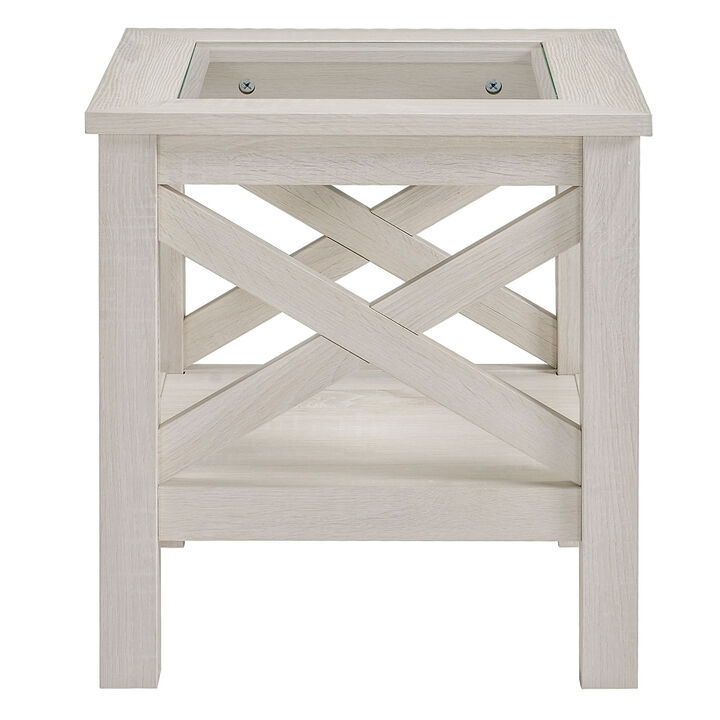 Cottage Style Living Room Media Console Table with Bottom Storage Shelf & X Bar