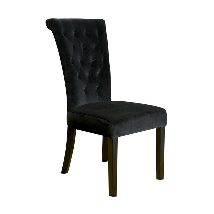 Chary Dining Chair Set of 2, Brown Wood, Classic Black Tufted Velvet - Benzara