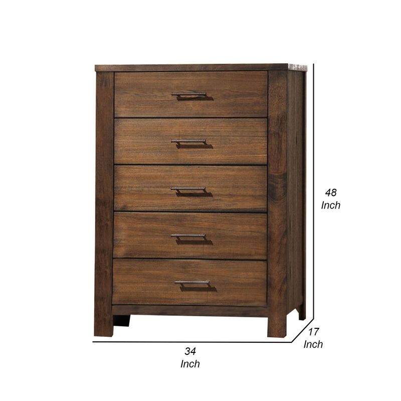 Tiva 48 Inch Tall 5 Drawer Dresser, Metal Handles, Distressed Oak Brown - Benzara