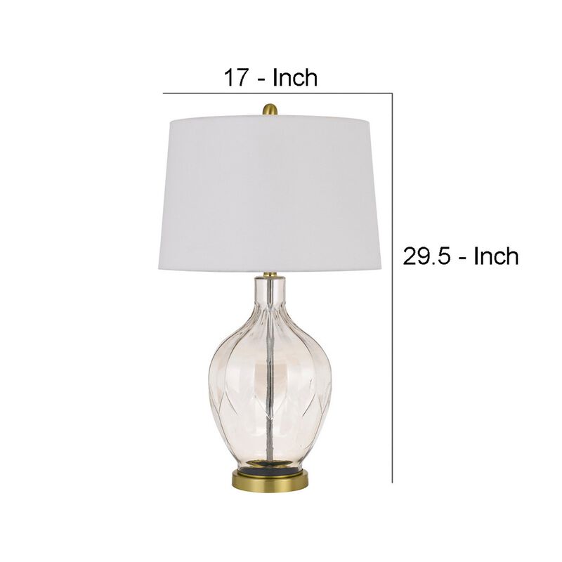 29 Inch Glass Table Lamp with Dimmer, Round, Clear and Brass-Benzara