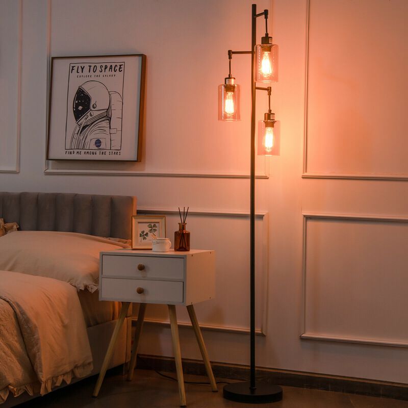 Floor Lamp with 3-Head Hanging Amber Glass Shades for Living Room or Bedroom Decor