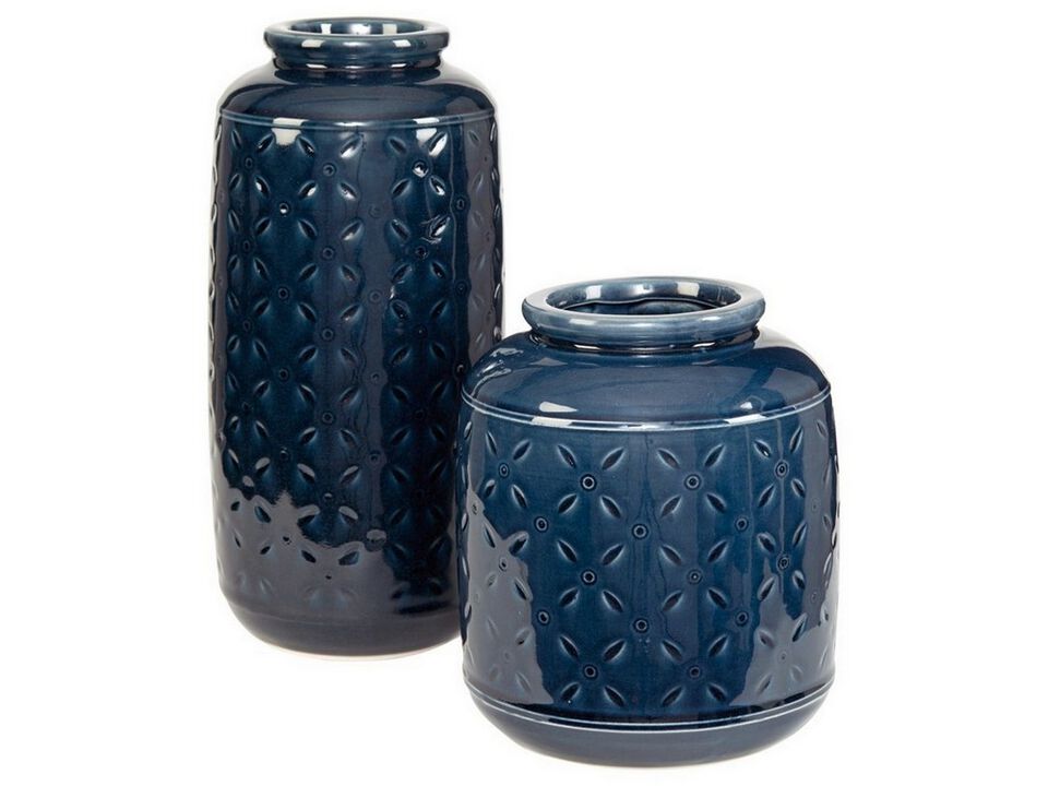 Vase with Sand Dollar Engraving, Set of 2, Navy Blue - Benzara