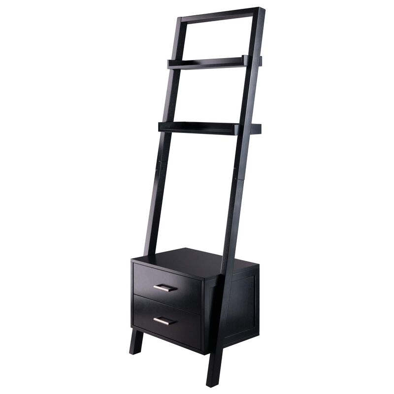 Ergode Wood Bellamy Leaning Shelf with Storage - Sleek & Stylish Space-Saving Solution, Black Finish, 2 Drawers & 2 Shelves, Side & Back Railings, Assembly Required - 22.99" W x 15.98" D x 69.36" H