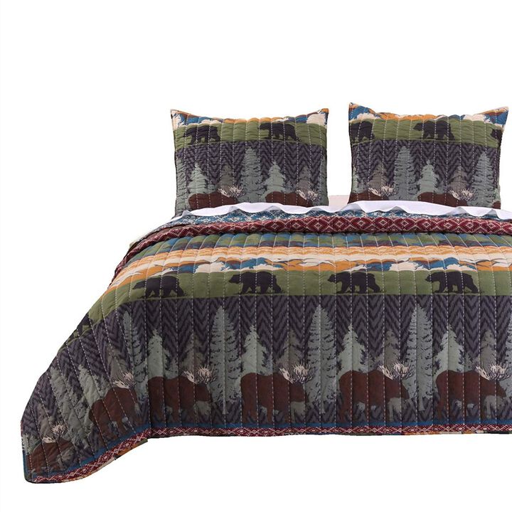 3 Piece King Size Quilt Set with Nature Inspired Print, Multicolor - Benzara