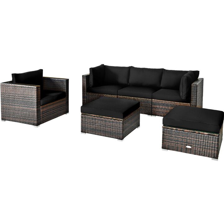 6 Pcs Patio Rattan Furniture Set with Sectional Cushion