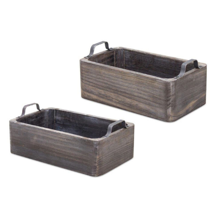 Wooden Box Tray With Metal Handle Accent (Set of 2)