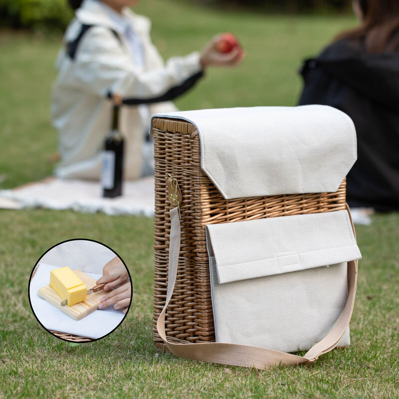 Wickerwise Wine & Cheese Picnic Basket - Wicker Tote Bag for Outdoor Parties, Camping, Travel & Celebrations - Wine Holder with Wooden Board - Ideal Present for Birthdays, Weddings and Thanksgiving