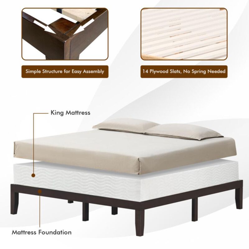 Hivvago 14 Inch King Size Rubber Wood Platform Bed Frame with Wood Slat Support