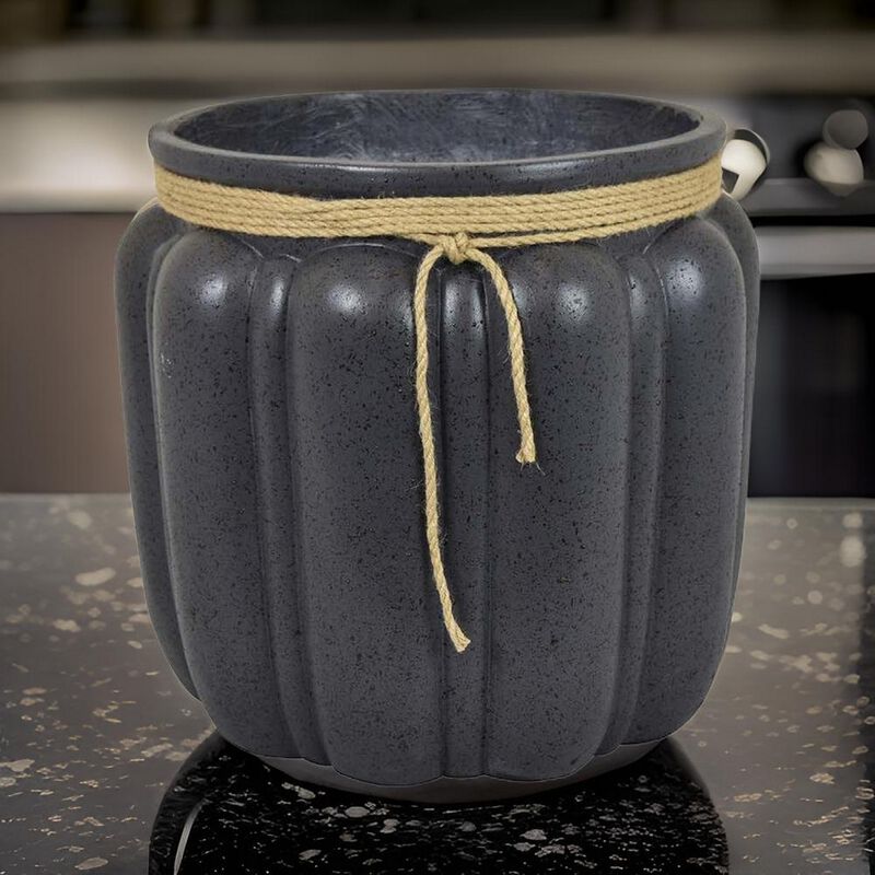 Rave 17 Inch Planter, Pumpkin Like Shape and Rope Details, Black Resin - Benzara
