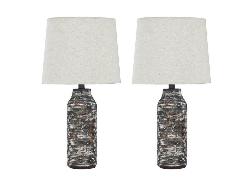 Fabric Shade Table Lamp with Textured Base, Set of 2, White and Black - Benzara