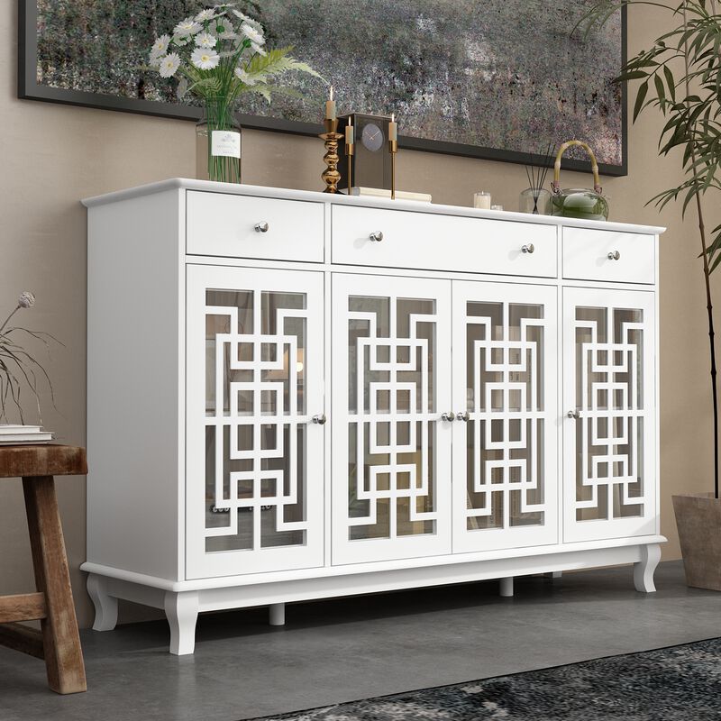 FUFU&GAGA White Buffet Cabinet with Storage & Drawers, MDF & Tempered Glass Construction (55.1" W x 35.4" H x 15.7" D), White