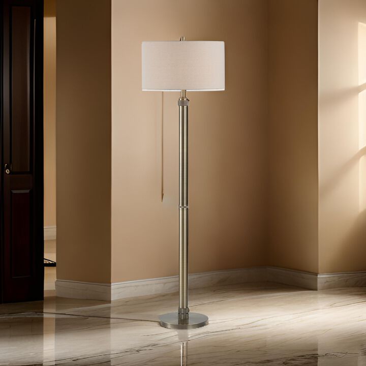 Modern Floor Lamp, White Linen Drum Shade, Brass Metal Pole, Round Base