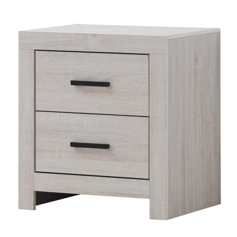 Nightstand with 2 Drawers and Metal Bar Pulls, White-Benzara