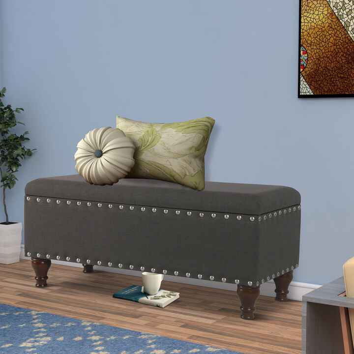Fabric Upholstered Wooden Storage Bench With Nail head Trim, Large, Dark Gray and Brown - Benzara