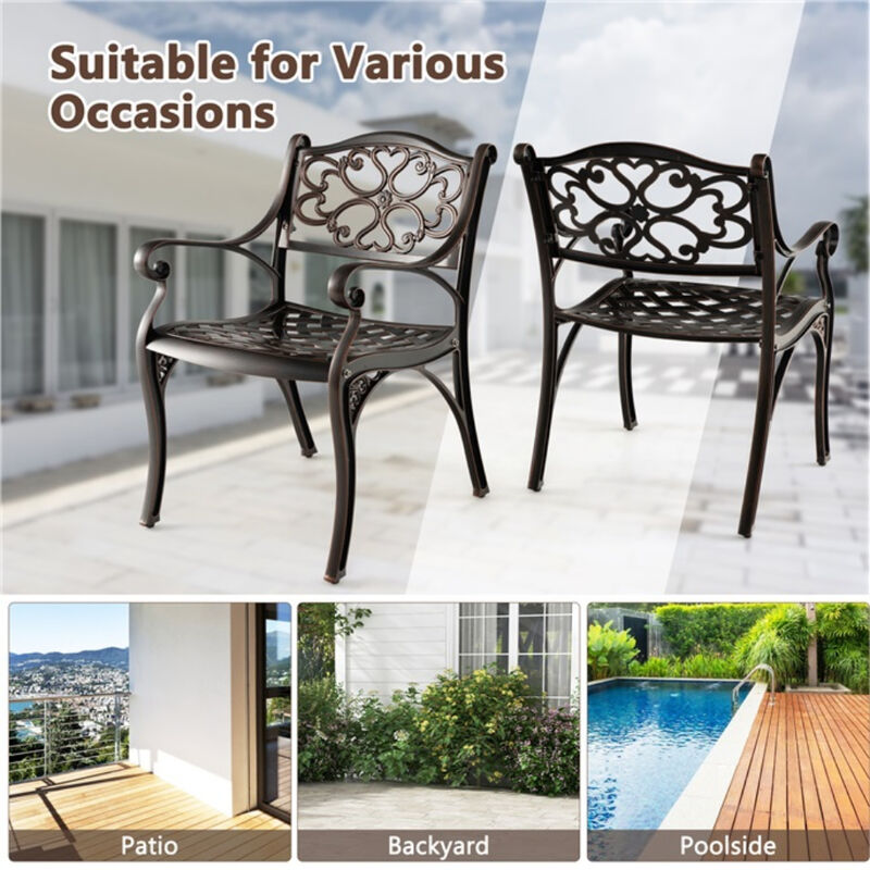 Cast Aluminum Dining Chairs Set of 2 with Patio Chairs Armrests Flower Pattern-Bronze