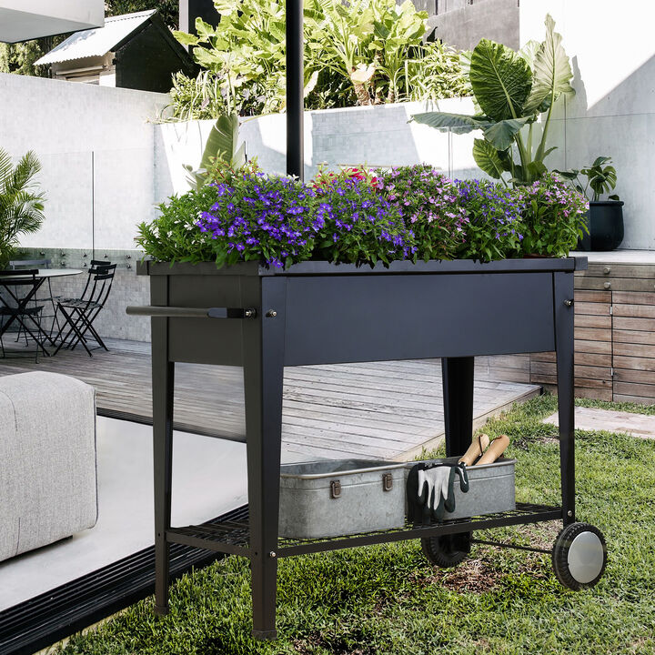 LuxenHome Black Mobile Metal Raised Garden Bed Planter Cart with Legs