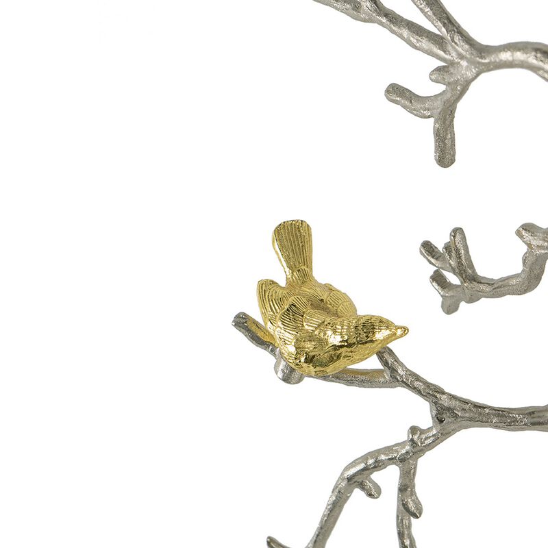 Branch Shape Aluminum Wall Decor with Gold Accented Four Birds, Silver - Benzara