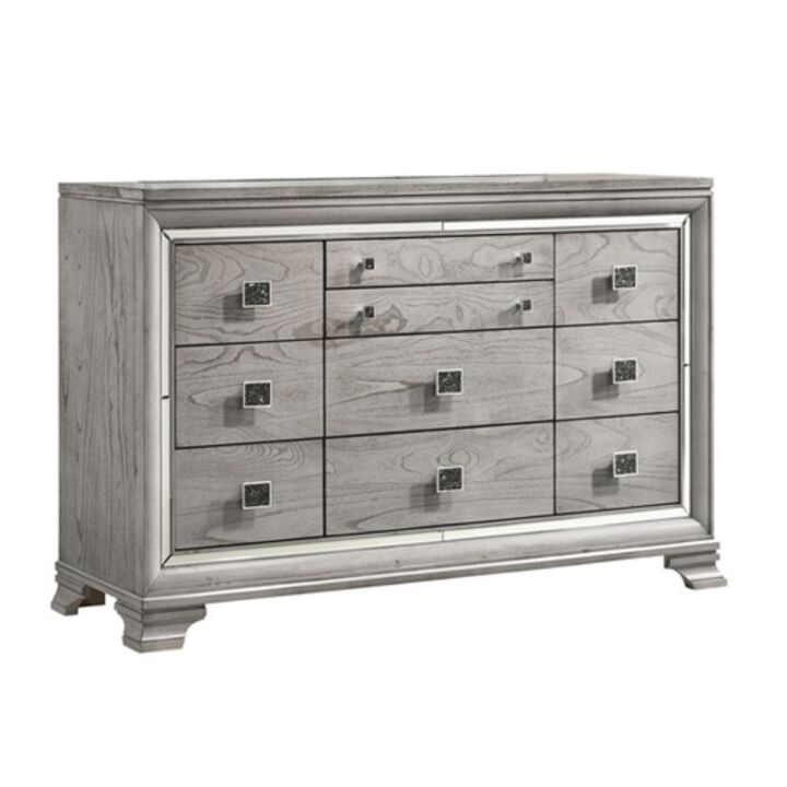 Beaded Wooden Frame Dresser with 10 Drawers, Gray and Silver