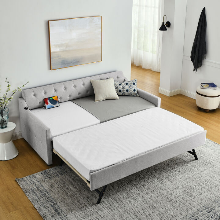Twin Size Upholstery Day Bed With Twin Size Erectable Trundle And USB Charging Design, Linen Beige