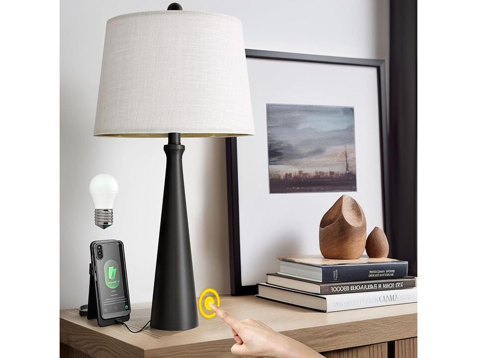 Modern Black Nightstand Lamp with Fabric Shade