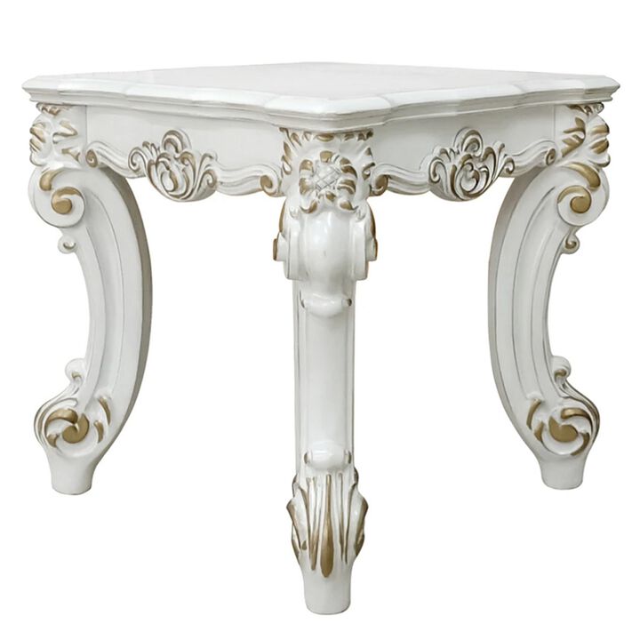 Jess 26 Inch Side End Table, Traditional Scrolled Legs, Brushed Gold, White - Benzara