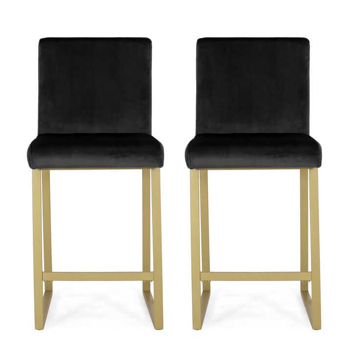 Counter Stool Chair Set of 2, Gold Sled Metal Base, Black Velvet - Benzara