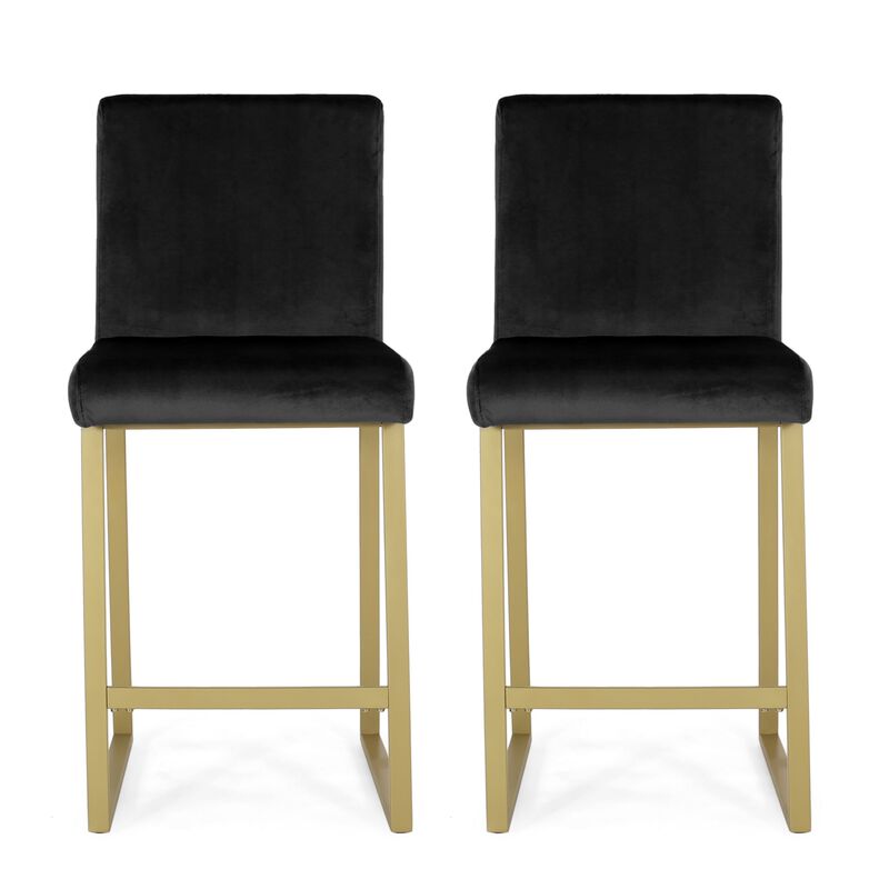 Counter Stool Chair Set of 2, Gold Sled Metal Base, Black Velvet - Benzara