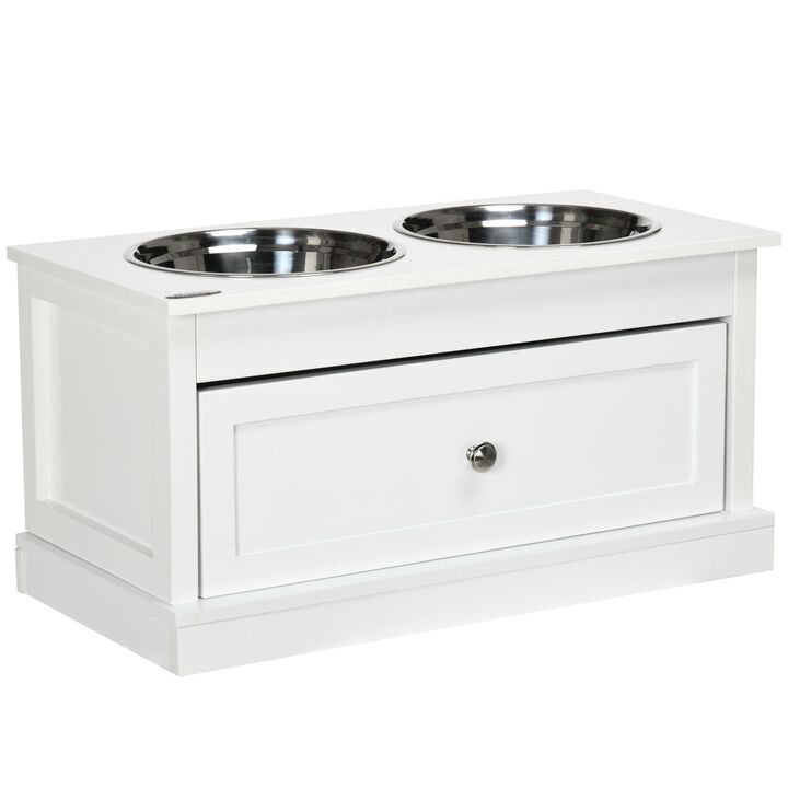 White Dog Feeder: Elevated Bowls with Storage Drawer for Large Dogs