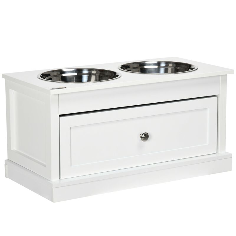 White Dog Feeder: Elevated Bowls with Storage Drawer for Large Dogs